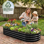 Rakukiri Raised Garden Bed GRS Certified Galvanized Planter Box Outdoor, 5ft Oval Rot-Resistant Metal Garden Bed Planter, Recycled Material Planter for Vegetables Flowers Herbs (Black)