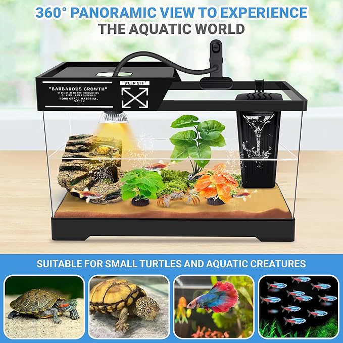 GOZILLA Turtle Tank Kit(Tank+Lamp+Filter), Upgrade PC Turtle Tank Starter Kit with Adjustable Lamp & Filter, Reptile Hideout Habitat with Lid for Small Reptiles.(15.75 × 7.9 × 9''/Black Kit)