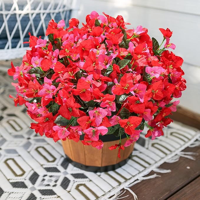 Artificial Flowers for Outdoors Outside Spring Summer Decor, 4 Bundles Silk Bougainvillea Fake Plants Faux Outdoor Flowers for Planters UV Resistant Realistic for Porch Window Garden Home, RedHotpink