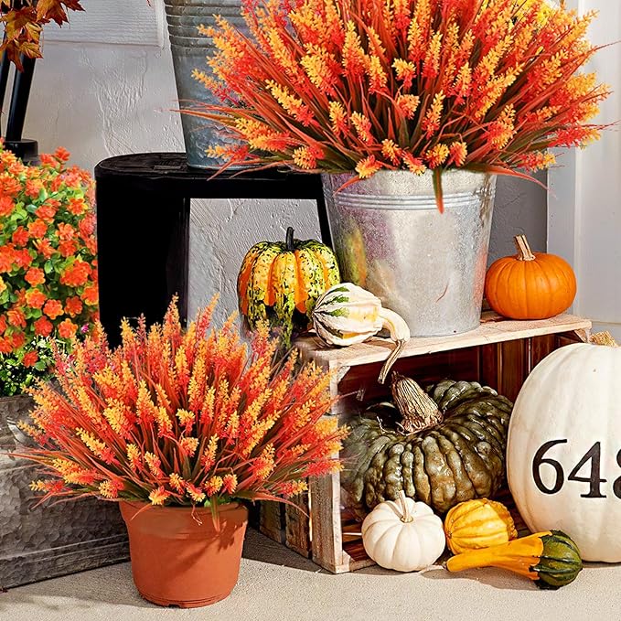 Waipfaru Fake Mums Fall Decor, 36 Bundles UV Resistant Faux Mums for Outdoor Planters, Fall Flowers Artificial for Decoration, Faux Plants for Home Porch Thanksgiving Decoration(Orange)