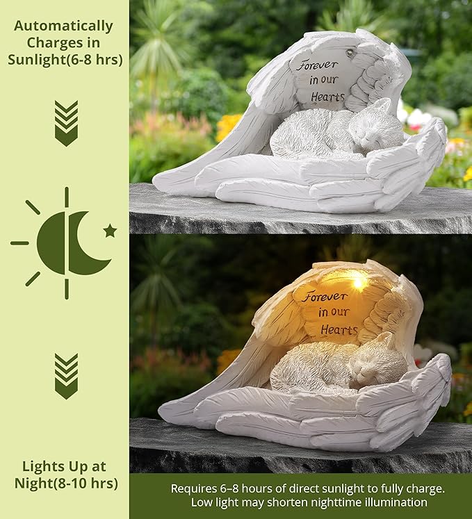 Pet Cat Solar Garden Memorial Statue – Outdoor Resin Angel Kitty with Solar Light, Guardian Angel Kitten Memorial Gift for Patio, Lawn, Yard, or Garden Christmas Decor