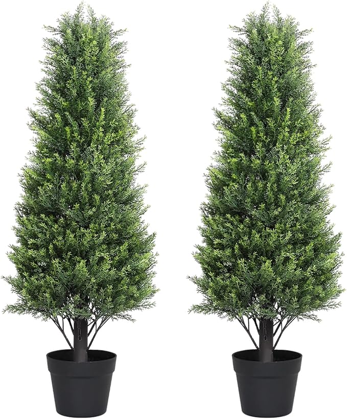 Artificial Cedar Topiary Trees Set of 2, 36'' UV Resistant Faux Cypress Pine Plants Outdoor, 3ft Large Realistic Faux Evergreen Cone Bushes & Shrubs for Front Porch Planter Christmas Decor