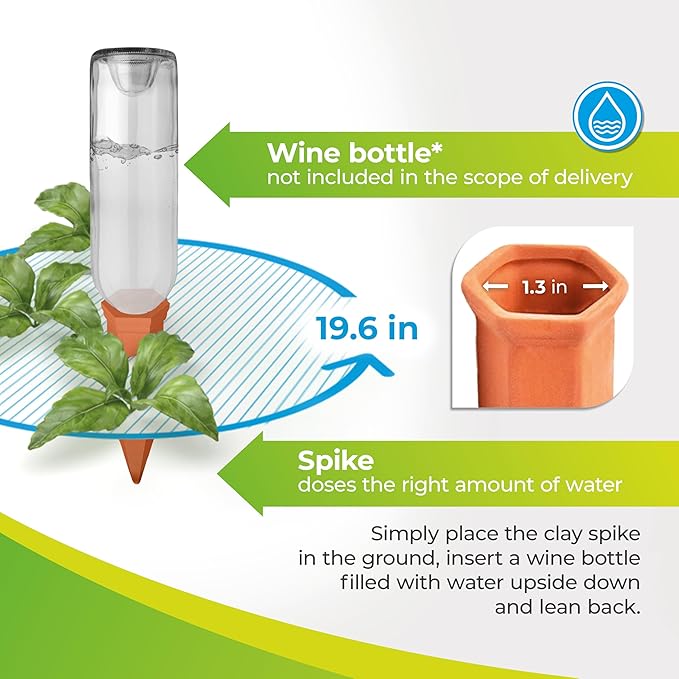 BioGreen Plant Self-Watering Stakes Hydro Wine | Irrigation Ø 19.6 inches | Clay Spikes for Wine-/PET-Bottles up to 3.1 Cups | Terracotta | 4 Pcs