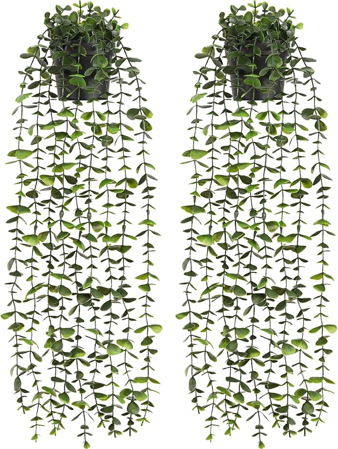 Waipfaru 2Pcs Fake Hanging Plants with Pot, Artificial Potted Faux Eucalyptus Plants Fake Vines Ivy Artificial Plants Outdoor Faux Plants Indoor Bedroom Living Room Boho Wall Porch Shelf Decor