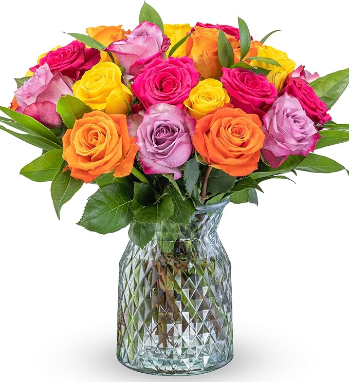 Benchmark Bouquets - Roses Bouquet Assorted Colors - Fresh Flowers for Delivery - Two Dozen Long Stem Roses - Mothers Day Gifts for Mom - Mothers Day Flowers for Mom (Glass Vase Included)