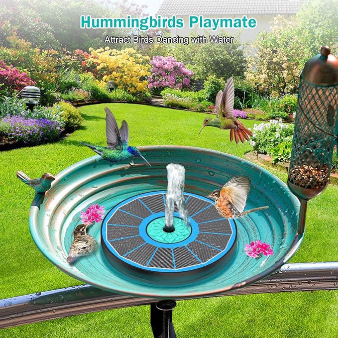 Solar Fountain Cyan Flower, Upgrade 3.5W Solar Bird Bath Fountains, Solar Powered Water Fountain with 7 Nozzles, 4 Fixed Pipes for Hummingbirds, Bird Bath, Garden, Pool, and Pond