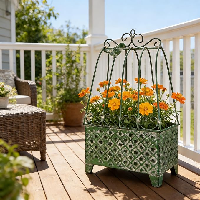 2-Piece Vintage Metal Birdcage Planter Set, Rustic Distressed Plant Holder, Farmhouse Floral Containers for Indoor Outdoor Garden, Patio & Tabletop Decor