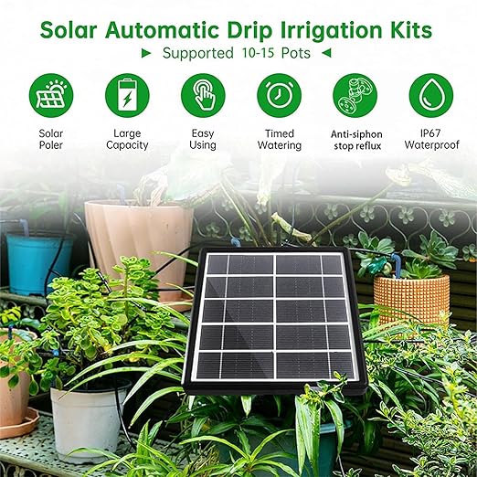 Solar Auto Drip Irrigation Solar Irrigation System, Automatic Drip Kit System Kit with 15 Drippers Powered Automatic Watering Device for Gardens