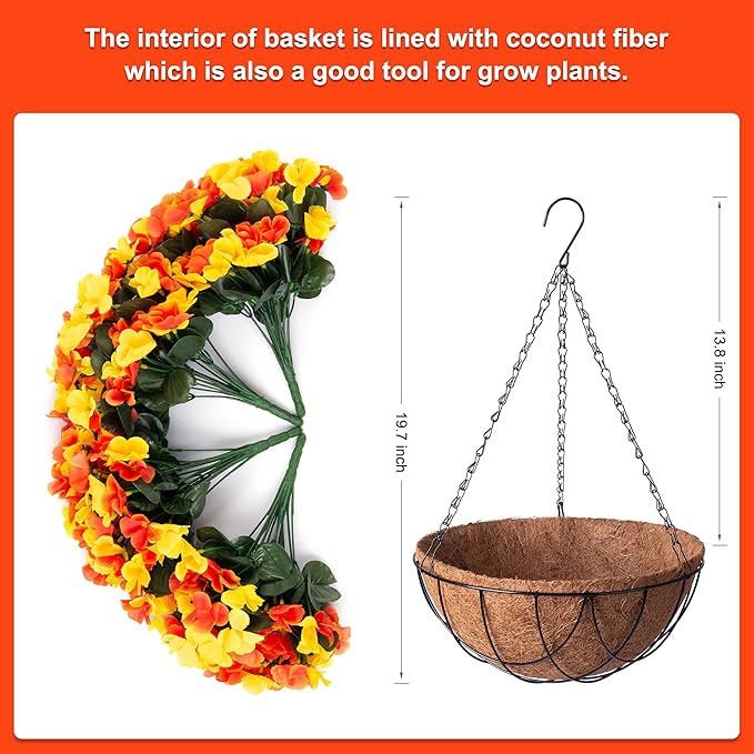 INXUGAO Artificial Hanging Flowers with 12" Basket for Outdoor Decor, Fake Hydrangea UV Resistant Arrangements in Pot Planter Decor for Spring Summer Porch Garden Yard(OrangeYellow)