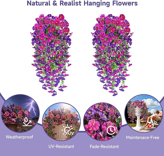 Artificial Hanging Flowers for Outdoors, 2 PCS 300 Blooms UV Resistant Morning Glory Faux Silk Vines, No-Odor Realistic Fake Plants for Garden Planter Porch Patio Decoration, Fuchsia & LightPurple