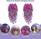 Artificial Hanging Flowers for Outdoors, 2 PCS 300 Blooms UV Resistant Morning Glory Faux Silk Vines, No-Odor Realistic Fake Plants for Garden Planter Porch Patio Decoration, Fuchsia & LightPurple