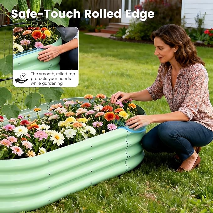 3 in 1 Galvanized Raised Garden Bed with 87" H Arch Trellis for Climbing Plants, Outdoor Gardening Planter Box with Climbing Net for Flower Vegetables Fruits Herbs, Green