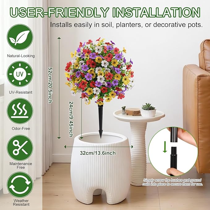 Alupssuc 2Pcs 20" Artificial Topiary Ball Flowers, Spring Outdoor Decoration with Spike, UV Resistant Faux Summer Plants, Faux Bushes Plants, Red Purple Yellow White for Garden, Porch & Patio Decor
