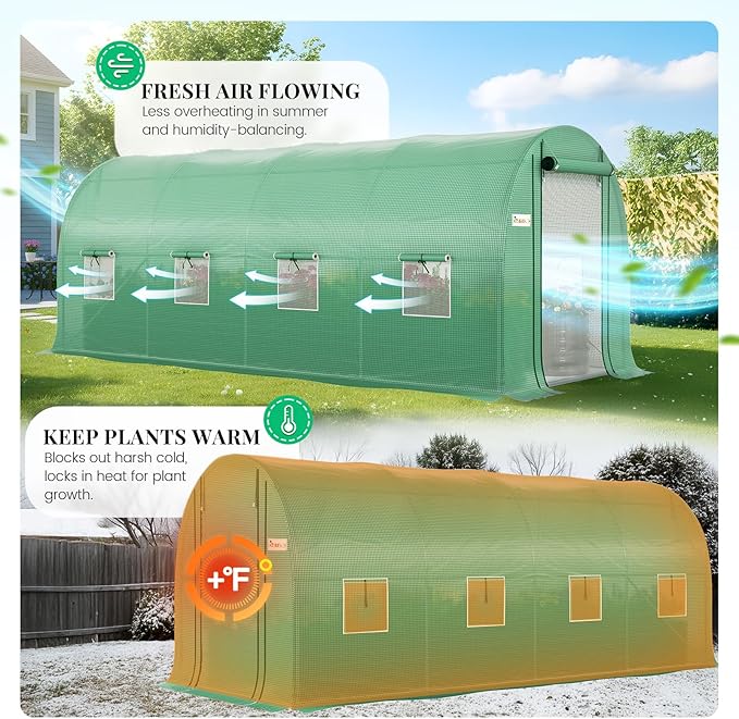 KING BIRD Premium 15x6.6x6.6FT Greenhouse for Outdoors, Large Walk-in Upgraded Galvanized Metal Frame, Mesh Door Screen Window Improved Zipper Tunnel Hoop for Garden Plant Winter, Green