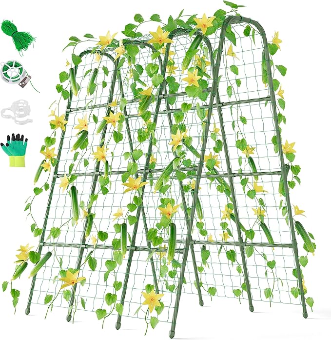 Miory Cucumber Trellis, 63" Tall U Shape Trellis for Raised Bed, Garden Arch Trellis for Climbing Plants Outdoor, Plant Support for Vegetables Vines, Steel with PE Coated (48“Lx32”Wx63“H)