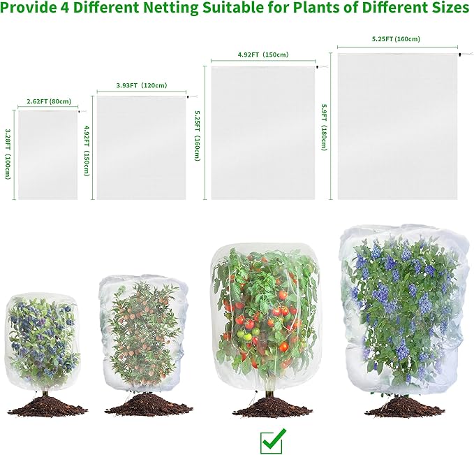 Garden Mesh Netting with Drawstring,Plants Cover Protection from Anti Birds,Bugs,Cicadas,and Insects-Pest Barrier Bag for Blueberry Bushes,Citrus,Tomatoes,Vegetables,Fruit Tree and Orange