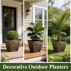 14 Inch Vintage Square Planter - 4 Pack Heavy Duty Antique Gold Plastic Flower Pot with Drainage & Raised Base, Retro Distressed Style Plant Container for Outdoor Patio, Porch, Indoor (7 Gallon)