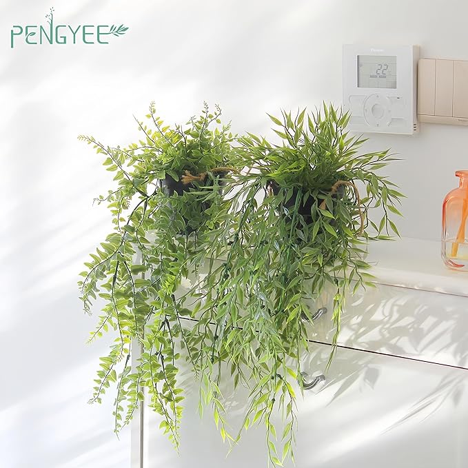 3 Packs Fake Hanging Plants with Black Pots, 28" Artificial Hanging Plants for Wall Decor, Fake Fern Plants Mandala Vine Indoor/Outdoor for Home Bathroom Bedroom Kitchen Office Room Decor