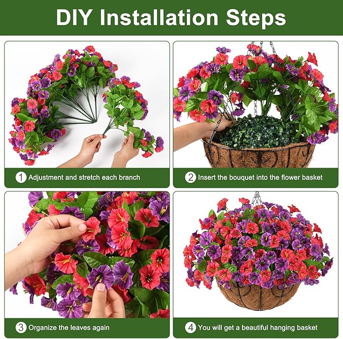 Homsunny Artificial Fake Hanging Flowers with Basket for Outdoors, Faux Silk Petunias Flower Spring Summer Decor UV Resistant Look Real Outside Patio Front Porch Decorations