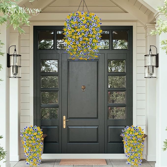 Artificial Hanging Flowers for Outdoors Spring Summer Decoration, 4PCS UV Resistant Silk Fake Hanging Plants for Patio Porch Front Yard Window Garden Indoor Decor(Blue&Yellow,4PCS)
