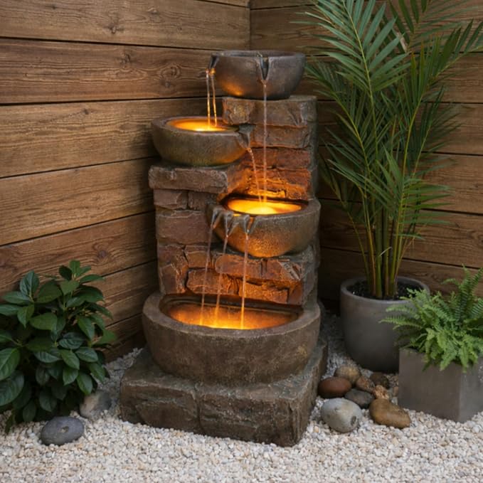 Teamson Home 33.27" Cascading Bowls & Stacked Stones LED Water Fountain for Outdoor Living Spaces, Brown