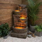 Teamson Home 33.27" Cascading Bowls & Stacked Stones LED Water Fountain for Outdoor Living Spaces, Brown
