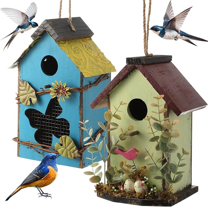 DoubleFill 2 Pcs Birdhouses for Outdoor Hanging Yard Outside Wooden Birdhouse Hand Painted Bird Box for Bird Lovers Bluebird Tree Garden Decor Decorative Birdhouse(Blue,Light Green,Iron Roof)