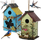 DoubleFill 2 Pcs Birdhouses for Outdoor Hanging Yard Outside Wooden Birdhouse Hand Painted Bird Box for Bird Lovers Bluebird Tree Garden Decor Decorative Birdhouse(Blue,Light Green,Iron Roof)