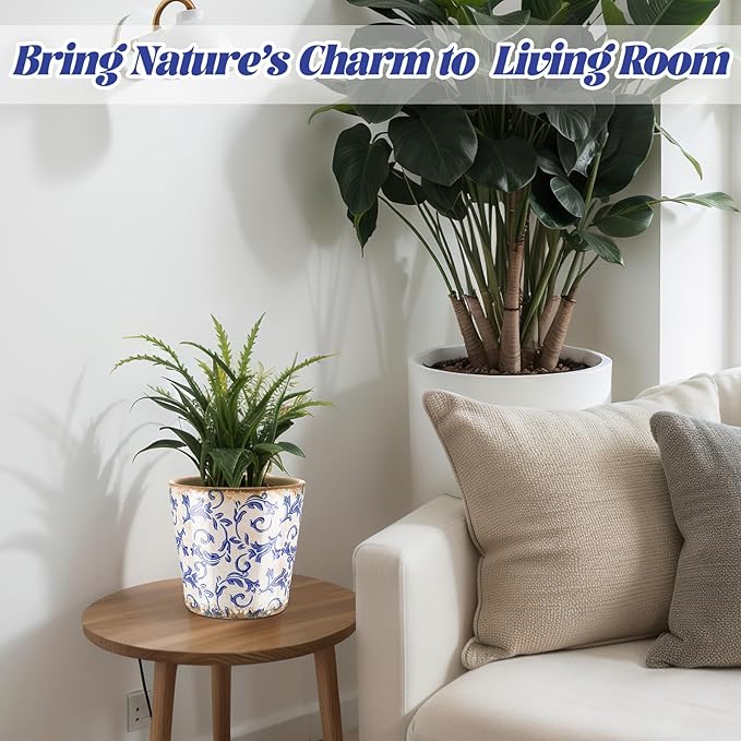 Beeveer Farmhouse Ceramic Planter 5.5 Inch Large Plants Pot Crack White Blue Flowers Plant Pots with Drainage Hole Indoor Plants Kitchen Rustic Antique Decor Gift