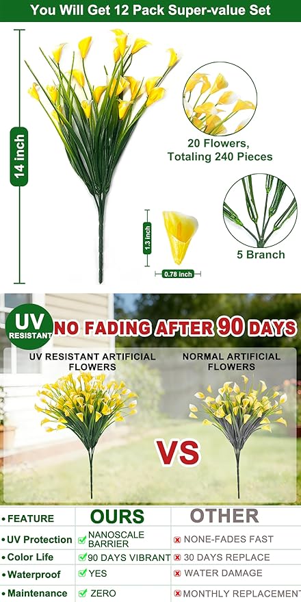 TURNMEON 12 Bundles Calla Lily (240 Heads) Artificial Flowers for Outdoors, Fake Plants UV Resistant Faux Plastic Fake Flowers for Indoor Planter Home Porch Yards Spring Summer Cemetery Decor(Yellow)
