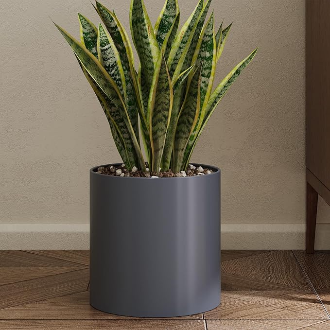 Metal Plant Pot with Drainage Hole,Mid Century Modern 7 inch Round Pot Indoor Outdoor Planters Gift for Decorative Pots of Tabletop Living Room Bedroom Grey