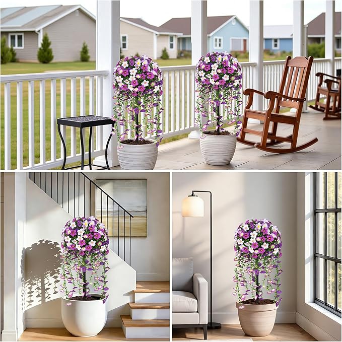 Grooy Artificial Plants Flowers Topiary Ball for Outdoor, 2 Pack Fake Purple Silk Morning Glory Plant Bushes, UV Resistant Realistic Plants Shurbs for Outside,Front Porch,Patio,Yard