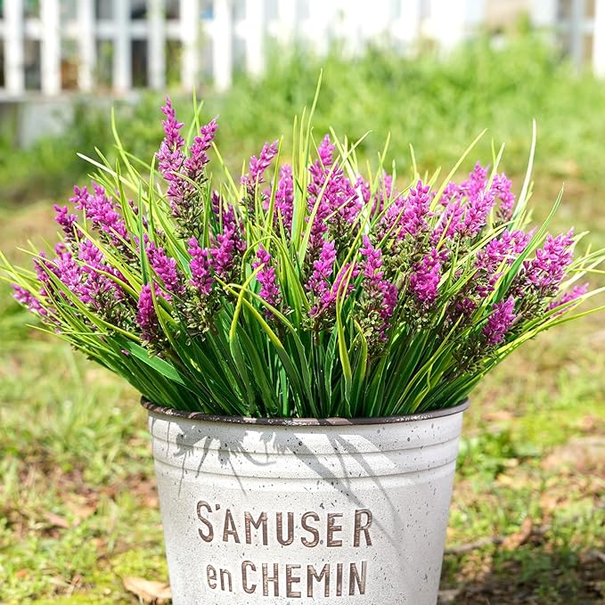 20 Bundles Artificial Plants Outdoor, UV Resistant Fake Flowers， Realistic Faux Lavender Shrubs for Porch Garden Window Box Home Decoration (Rosy)