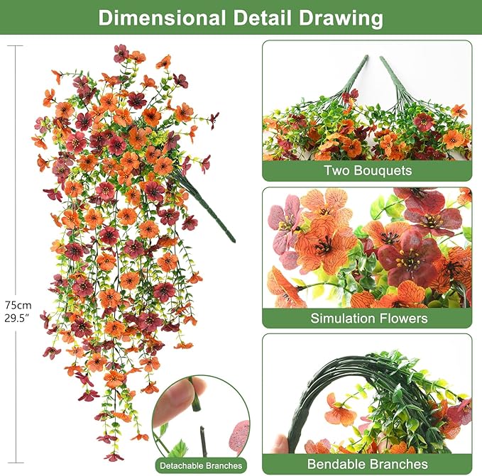 Artificial Hanging Flowers Plants for Outdoor Fall Decoration, 2PCS Faux Silk Daisy UV Resistant Look Real for Outside Home Indoor Planter Porch Garden Yard Autumn Decor(Orange Brown)