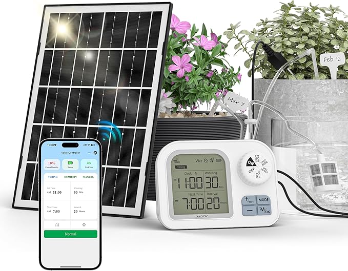 Raddy WS-74 Solar Drip Irrigation System with Smart APP Control, IPX7 Waterproof, Adjustable Soil Moisture Sensor, 2600mAh Battery, Automatic Watering Kits for Indoor Outdoor 15 Potted Plants