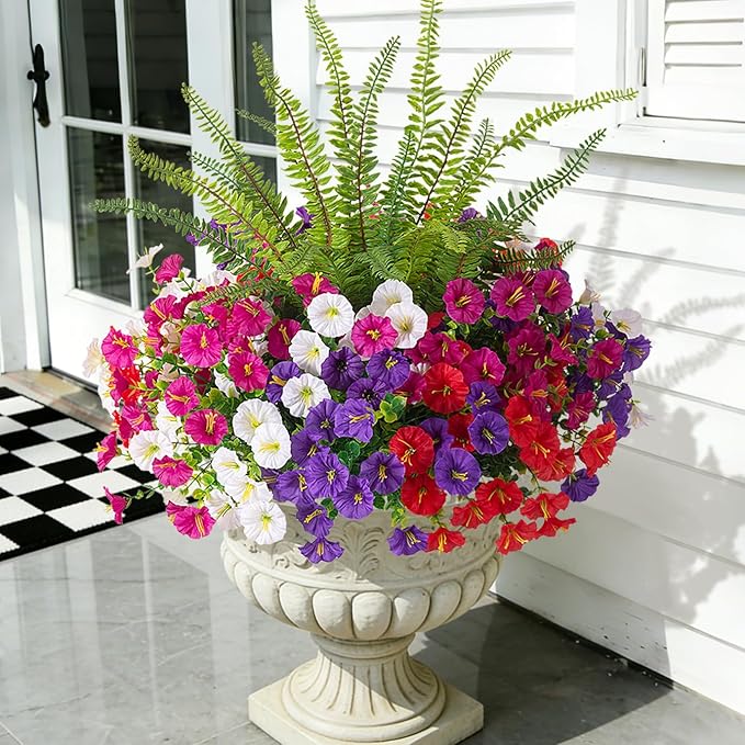 Hrobek Artificial Flowers for Outdoors Faux Plants Outside Indoor,UV Resistant Silk Fake Morning Glory Tall Ferns for Home Patio Garden Back Yard Front Porch Decor (13 Bunches,5 Multi Colors)
