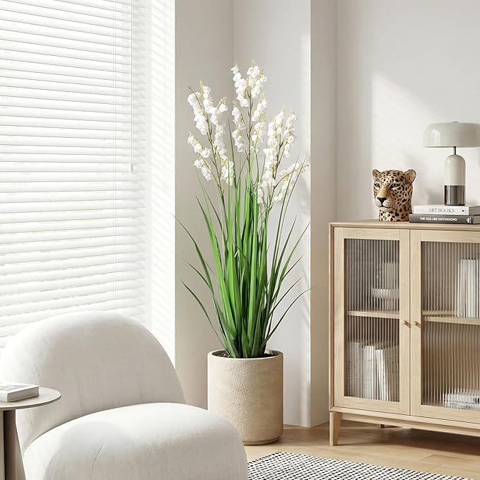 Ttranewsoo Artificial Tall Grass Plants with Pots 36" 1 Pack Lily of The Valley Artificial Grass Home Interior Decorating and Outdoor Garden Decorations(White)