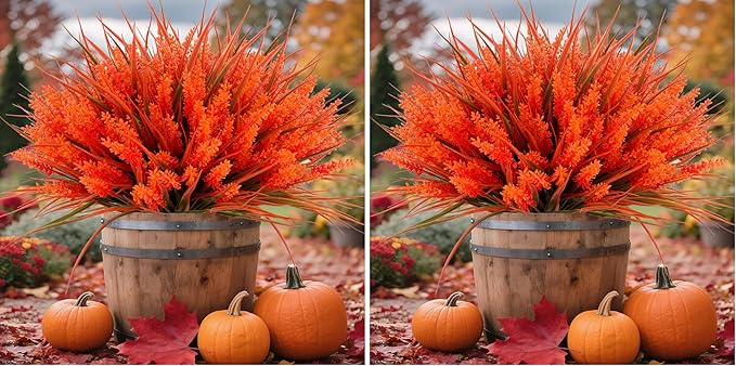 Geegoods 24 Bundles Artificial Fall Flowers Outdoor – Faux Lavender Flowers with Monkey Grass UV Resistant Plastic Faux Plants for Garden Porch Patio Home Decor, Autumn-red Color (Pack of 2)