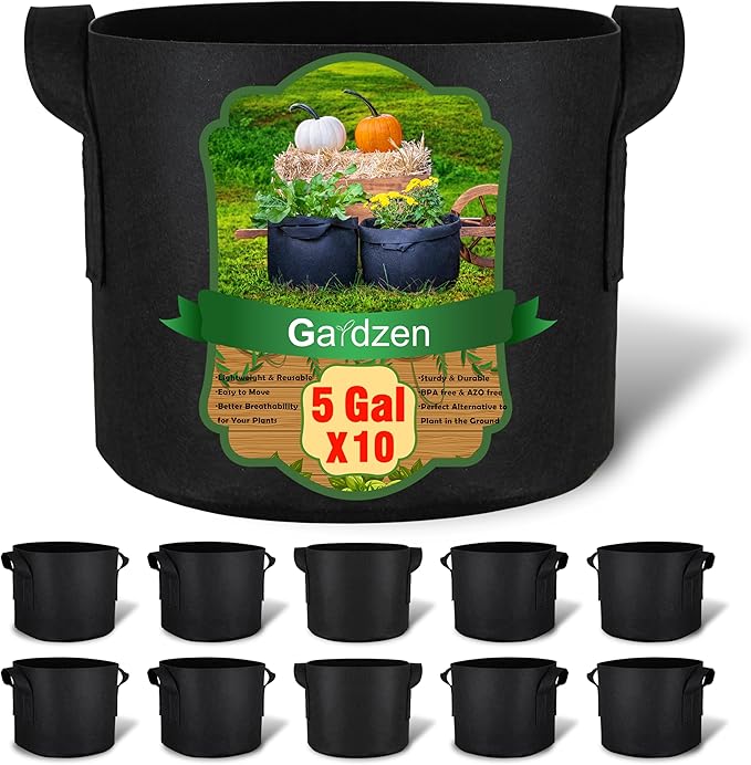 Gardzen 10-Pack 5 Gallon Grow Bags, 300G Thickened Fabric Grow Bags with Handles, Heavy Duty Aeration Plant Grow Bags