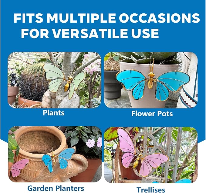 Decorative Metal Butterfly, Colorful Plant Decoration for Pot,Planter,Garden Fence, Wall,Hanging Ornament, 3-Piece Set