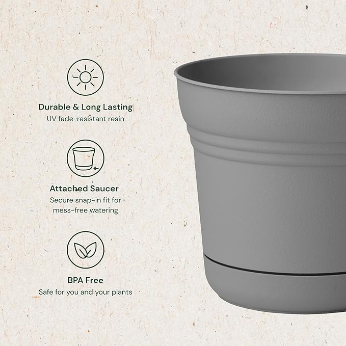 Bloem Saturn 14" Charcoal Round Resin Planter Pot with Snap-in Saucer for Indoor and Outdoor Gardening