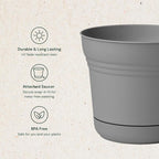 Bloem Saturn 14" Charcoal Round Resin Planter Pot with Snap-in Saucer for Indoor and Outdoor Gardening