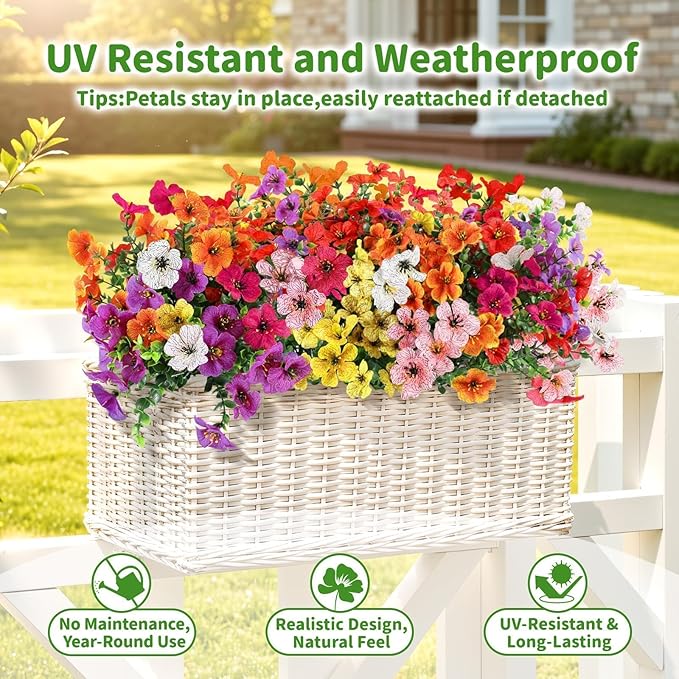 Artificial Outdoor Flowers, Realistic UV Resistant Waterproof Faux Plants, Full Looking Fake Flowers for Porch Planters Hanging Baskets Garden Patio Yard Outdoor Decor, 20 Bundles 7 Colors