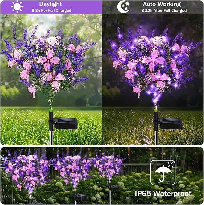Solar Garden Lights Outdoor, 6 Pack Purple Lavender Solar Butterfly Lights Gardening Gifts for Women,Artificial Flowers Light Purple Halloween Garden Decor for Patio Yard Lawn Christmas