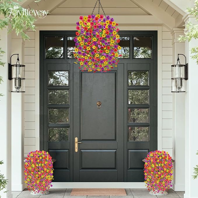 Artificial Hanging Flowers for Outdoors, 4PCS UV Resistant Artificial Outdoor Flowers, Silk Flowers for Outside Patio Porch Front Yard Window Garden Indoor Decor(Spring Color,4PCS)