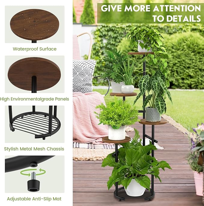 TOSKING 5 Tier Thickened Metal Plant Stand Indoor,Plant Shelf, Corner Shelf, Flower Pot Stand for Multiple Plants, Indoor Plants Tiered Stand for Living Room Balcony Garden Patio Bedroom (Black and Brown, 42in)
