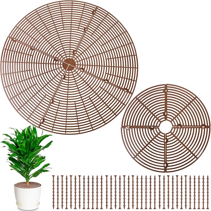 Newtay 2 Pcs Plant Pot Grid Soil Protector Covers Cuttable Flower Protector from Animals Cat Squirrel Digging Stopper Plant Pot Cover with Stake for Indoor Outdoor Gardening (20.5 +11.8 Inch,Brown)