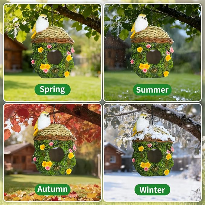 Bird Houses for Outside Bird Nesting Design Resin Birdhouse, Garden Outdoor Decor Bird House with Flower and Leaf Details, Birdhouses for Outdoors for Bluebird Finches Cardinals