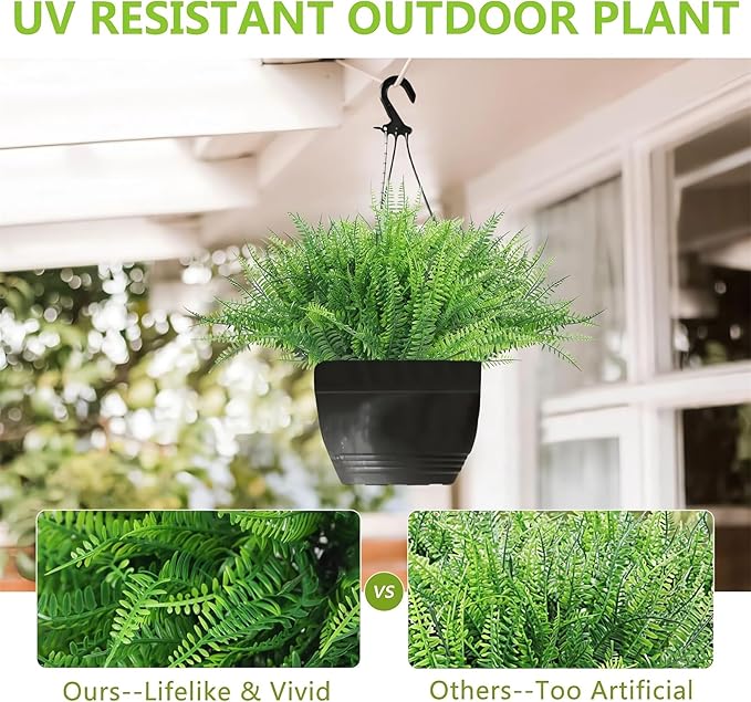 UV Resistant Lifelike Artificial Boston Fern - 2024 New Faux Boston Ferns Outdoor Planter Large, Realistic Fake Feen Hanging Silk Fern Stems Indoor Basket Plant Urn Fillers Front Porch (2, White)