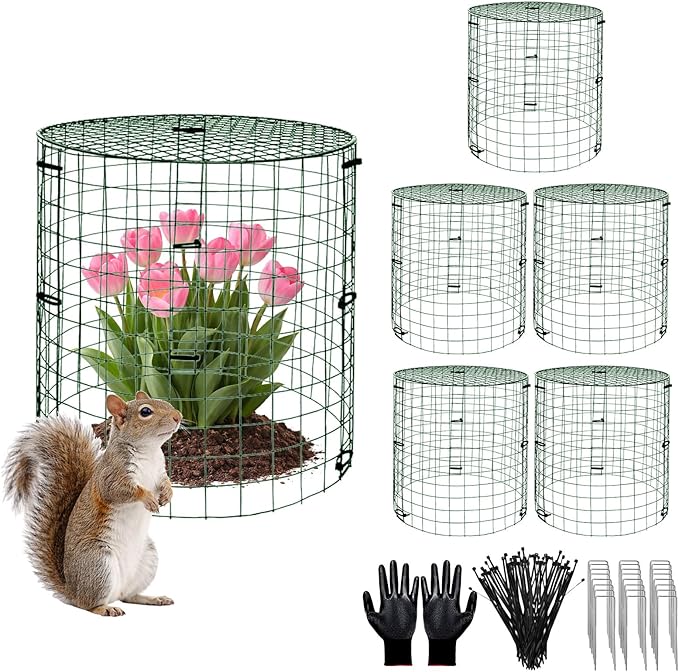 6 Pack Dark Green Plant Protectors, 11.8×15.7in Round Garden Fence Cages with Lid, Keep Rabbits, Squirrels & Pets Away, Includes Stakes, Zip Ties & Gloves for Easy Setup